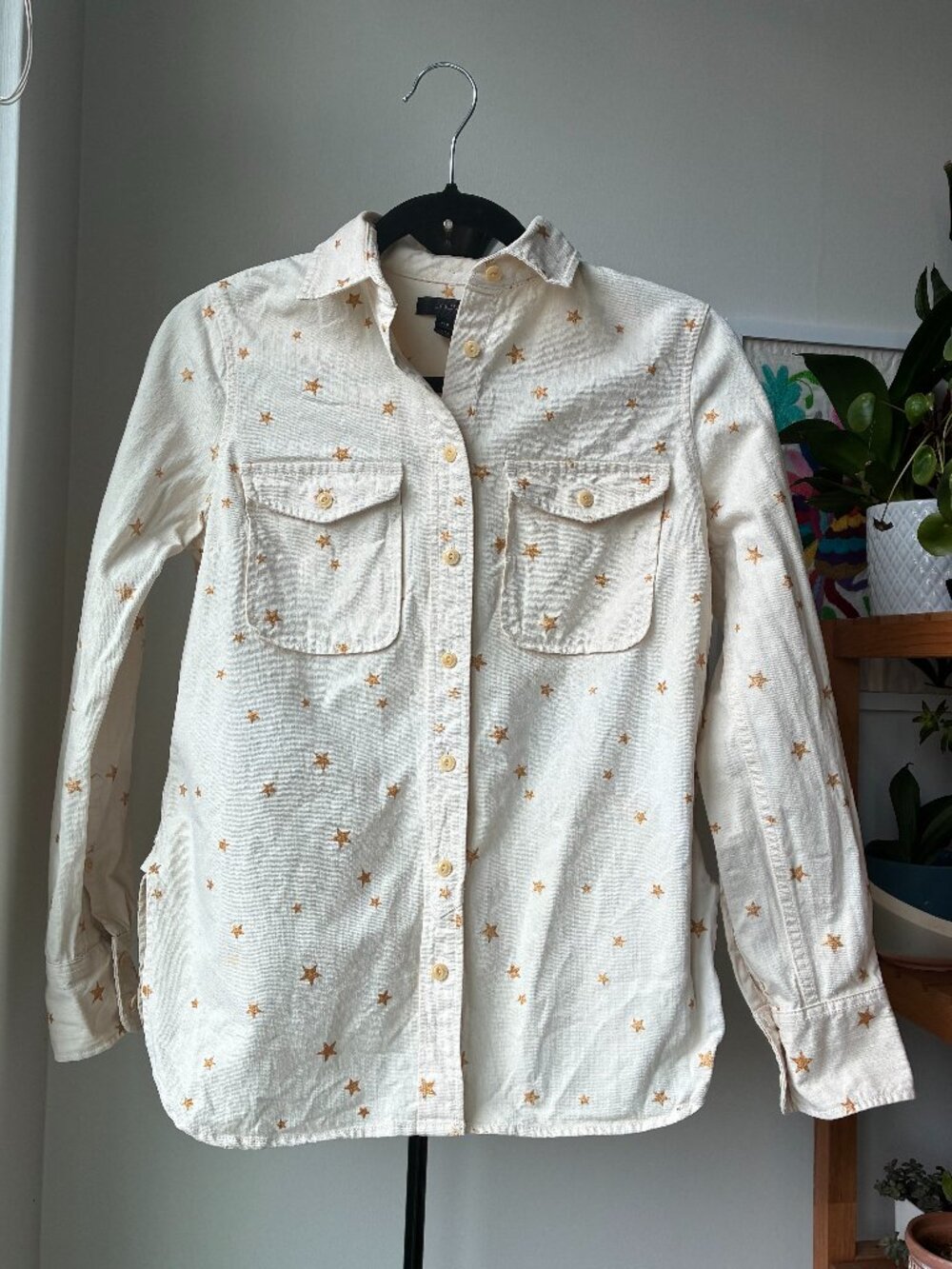 J. Crew Ivory and Gold Star Long Sleeve Denim Button Down - Size XXS